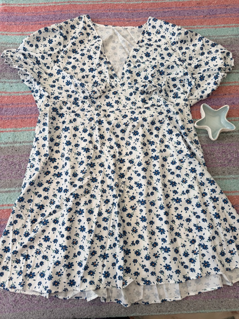 Plus Size 4XL Blue Floral Mini Dress Puff Sleeve Cottagecore